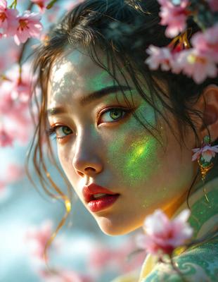 The primary subject of the image is a woman with long hair, wearing makeup and surrounded by flowers. She is posing for the camera, and her eyes are open. The setting is outdoors, with a tree in the background. The visual style is a combination of a photo and digital art, creating a unique and artistic representation of the woman. The colors and mood of the image are vibrant and lively, with the woman's makeup and the flowers adding a touch of beauty and elegance to the